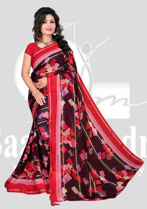 Wetless Printed Saree with Satin Patta & Piping - BW - Maroon Mix